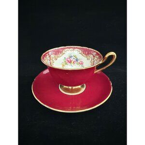 Shelley Bone China Floral Tea Cup & Saucer Set Vintage Deep Red Burgundy & Gold